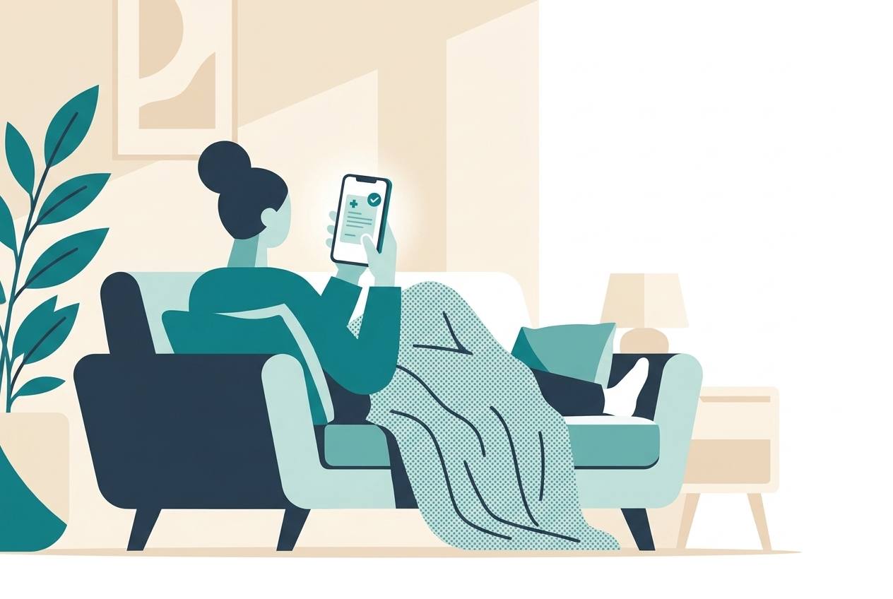 Illustration of a person resting at home and reviewing a doctor's note on their phone