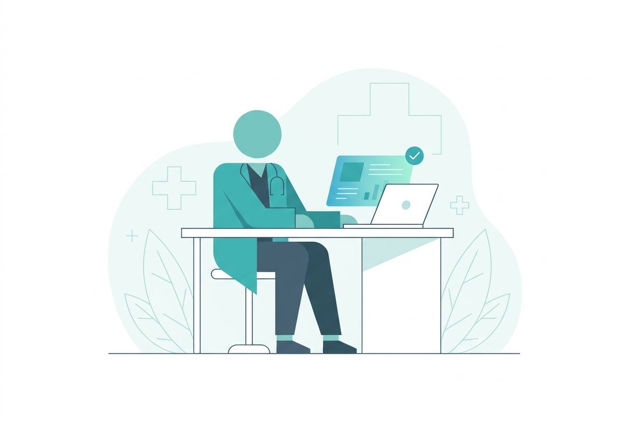 Illustration of a licensed physician reviewing an online doctor's-note request